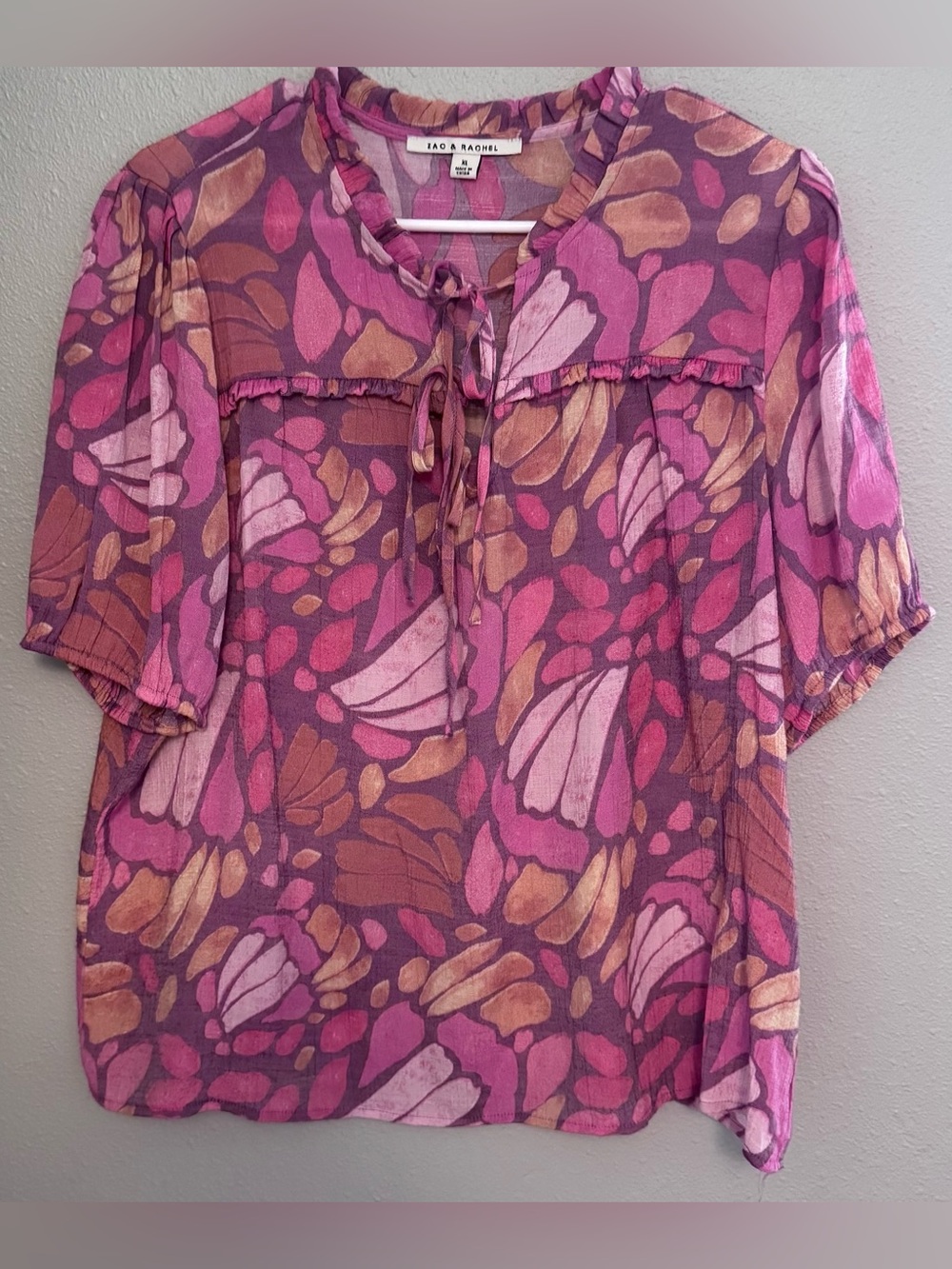 Zac & Rachel Pink, Orange and Brown Abstract Patterned Tie-Front Blouse